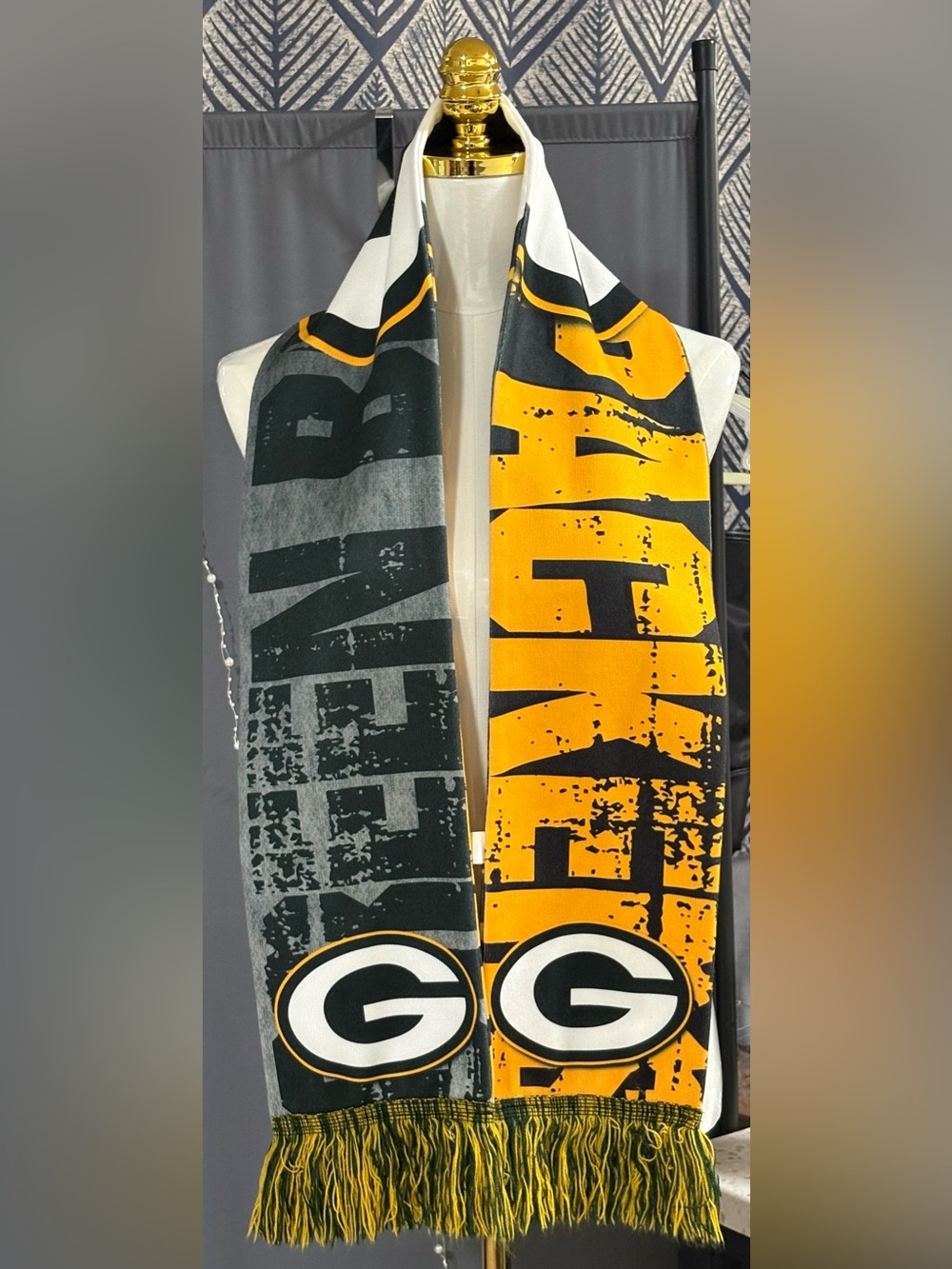 RARE Vintage Green Bay Packers FOCO Polyester Sublimated Split Scarf -Gray/Yell